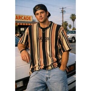 GUESS Originals Striped T Shirt Mens XL Classic Fit Crew Neck Casual Cotton